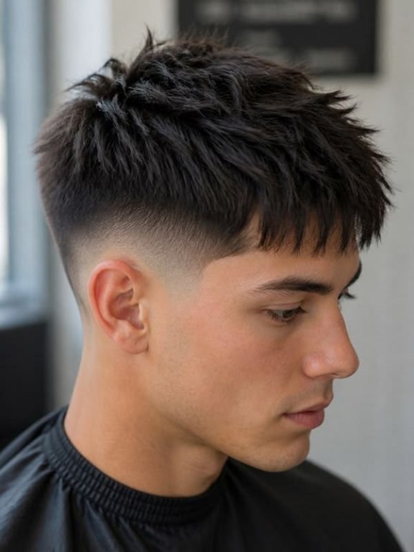 Mid Taper Fade with Textured Fringe Asian