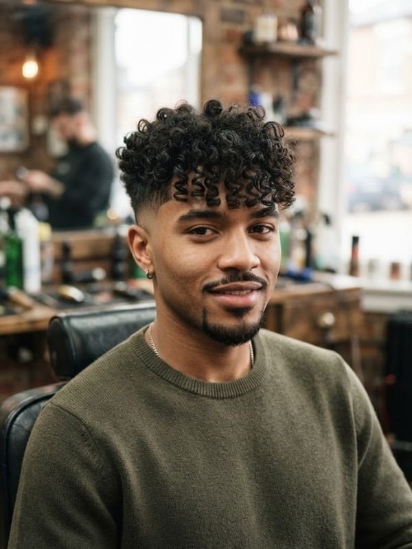 Low Taper Fade with Curly Fringe