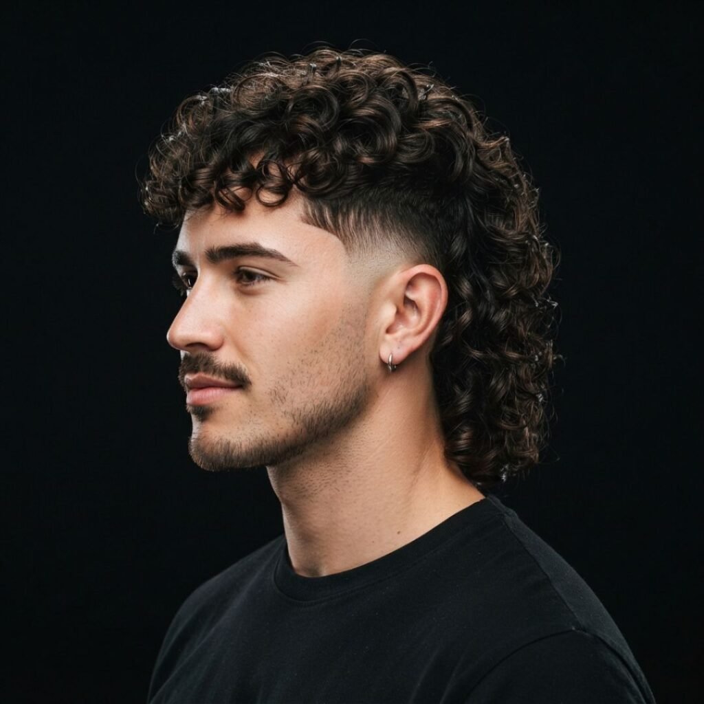 Curly Hair Burst Fade Mullet